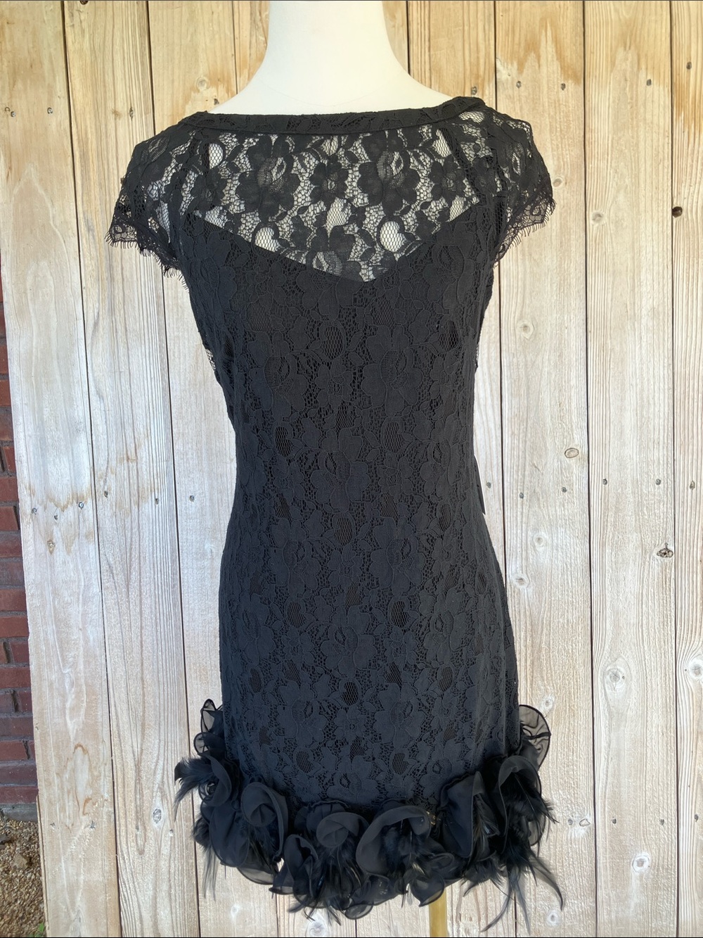 Jessica Simpson Black Lace Mini Dress with Floral Feather Trim